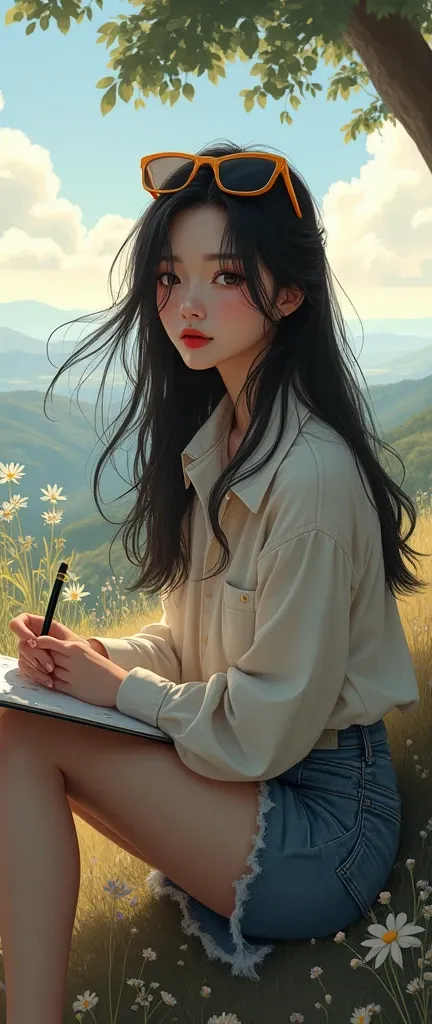 black hair,  Follow the wind Flying Black Smooth Long Hair,  sweep across the sea , ponytail, Windy ,  brown-gold eyelet , Smile, Matou Sakura, concept art, realism, chiaroscuro,  Anatomical structure correct ,  Textured skin ,  Clear eyeshadow at the end ...