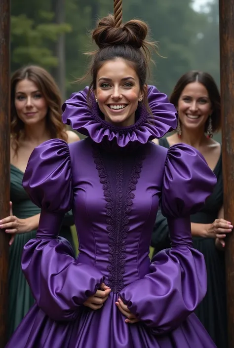 (realistic photograph close up sideways), (a pleased beautiful Caucasian lady with (messy hair bun), she is wearing (an elaborate shiny violet silk high neckline gown with (long gigantic pouf sleeves), (and with an ultra high tight stand-up collar up to he...