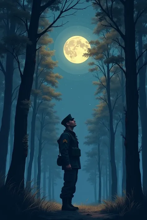 A3 sheet, late night, in the wood, autumn moon shining bright, the soldier was reminded about the singing voice of peoples 