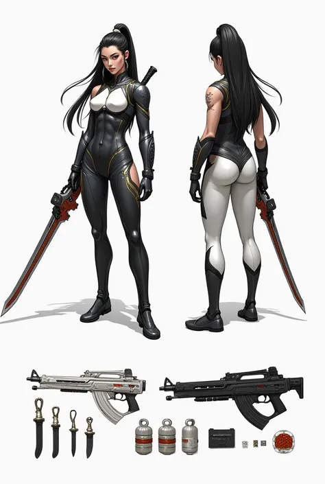 Concept art, 2d characet design, (full body figure:1.2), front and back view, long haircut, asian race, body latex costume, black and white colors, long asian sword, light body armor, white and red assault rifle, props 2d sketches, small backpack, differen...