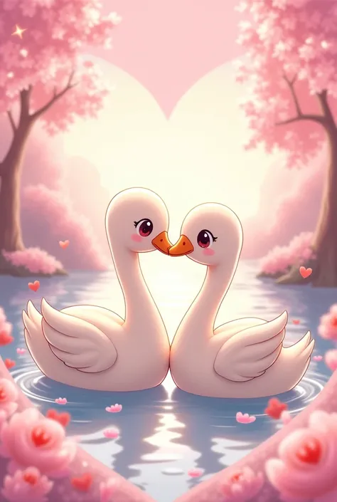 Chibi cartoon
SWAN COUPLE
Heart shaped background
Pink Theme
In a picturesque body of water
Japanese Anime Picture Style