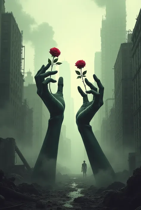 Green City is an apocalyptic atmosphere and 2 hand statues hold a rose and a lot of smoke so that 1980x1080 quality would be beautiful