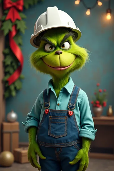 I want an image of the Grinch dressed as a worker, light blue shirt, dark blue pants and the white safety helmet with a Christmas background. 
