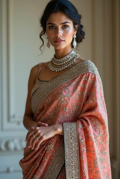 Show me an Indian saree made fully out of diamond i just want to see the saree with beautiful lady person should be involved in that picture  add more diamonds in it 

Now in that saree add black diamonds, emrald, ruby, pink diamond and all the other presc...