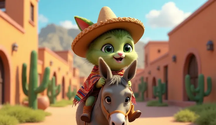 "Create a 3D Pixar-style image of an adorable, fluffy green baby cat dressed in a small Mexican sombrero, a colorful poncho, and tiny boots, riding a donkey through a scenic Mexican village. The baby cat is holding onto the reins, looking excited and joyfu...