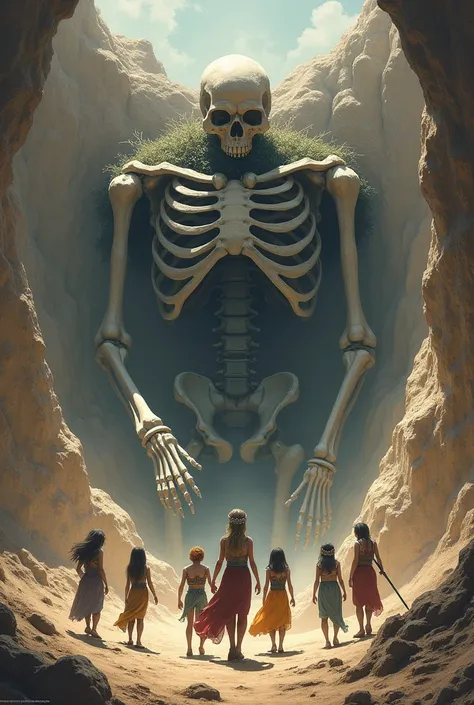 a giant skeleton in the ground and with 7 girls who discovered the skeletons and one of the girls should be the queen (put a crown on the queen head) 