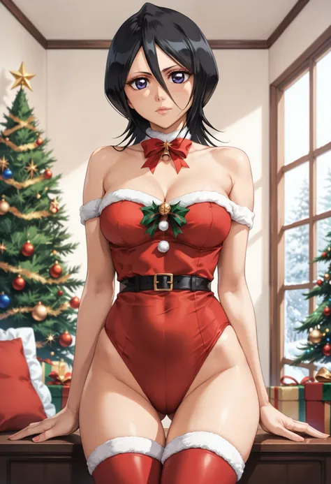 extremely detailed CG, high resolution, best quality, masterpiece, single woman, kuchiki rukia (bleach), purple eyes, (beautiful detailed eyes: 1.4), black hair, christmas outfit, bare shoulders, thigh-high stockings, natural pose, christmas tree, indoors