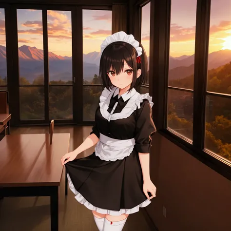 My art style, tsukasa, black hair, short hair, brown eyes, m clothes, maid headdress, waitress, maid, zettai ryouiki, white socks, brown loafers in a room with glass windows and in the background outside mountains with a sunset