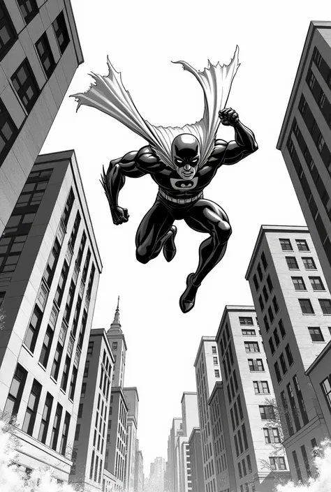 hand drawing, comic type,  black and white, superhero,  side view, Flying sideways,  between buildings, Observe a bank robbery