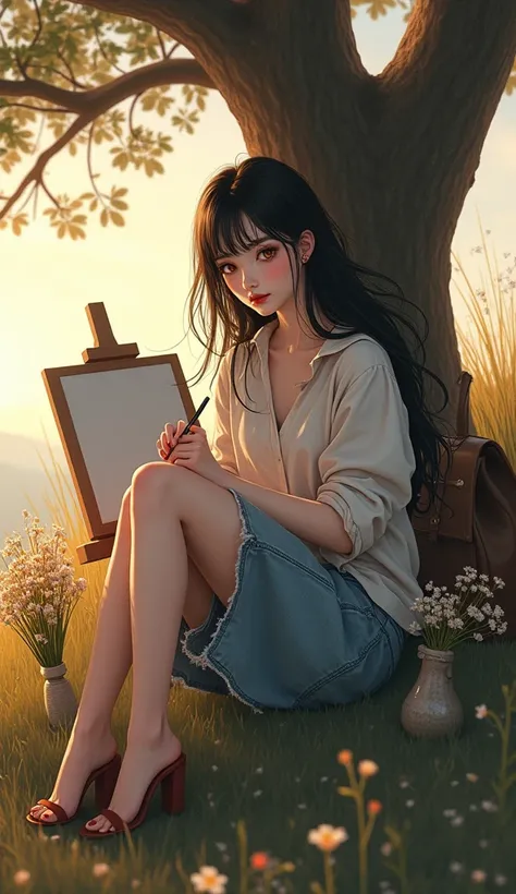 black hair,  Follow the wind Flying Black Smooth Long Hair,  sweep across the sea , ponytail, Windy ,  brown-gold eyelet , Smile, Matou Sakura, concept art, realism, chiaroscuro,  Anatomical structure correct ,  Textured skin ,  Clear eyeshadow at the end ...