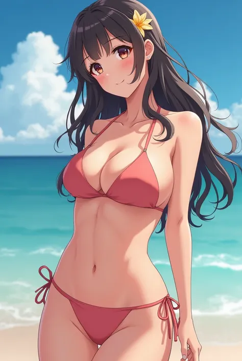 Create a woman in a bikini with her breasts out and anime naked only on top