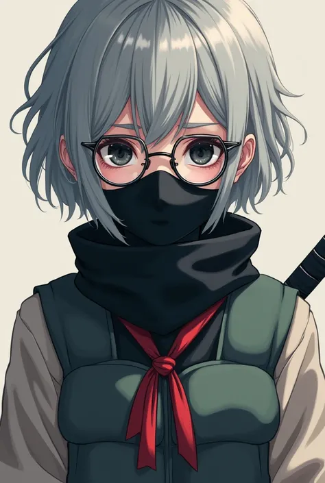   Close-up of a girl from Naruto,  short wavy gray hair  ,Put on a  ,  with a thick sleeve sweater  ,round glasses,  white skin  ,  mask to cover my mouth  ,  chunin vest  , and a red ribbon  , pose containing a ninja kunai , black eye color not many breas...