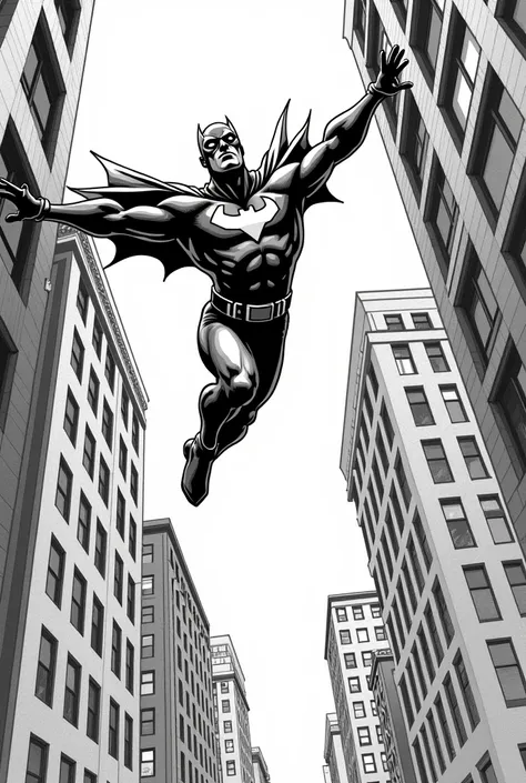 hand drawing, comic type,  black and white, superhero,  side view, Flying sideways,  between buildings, Observe a bank robbery