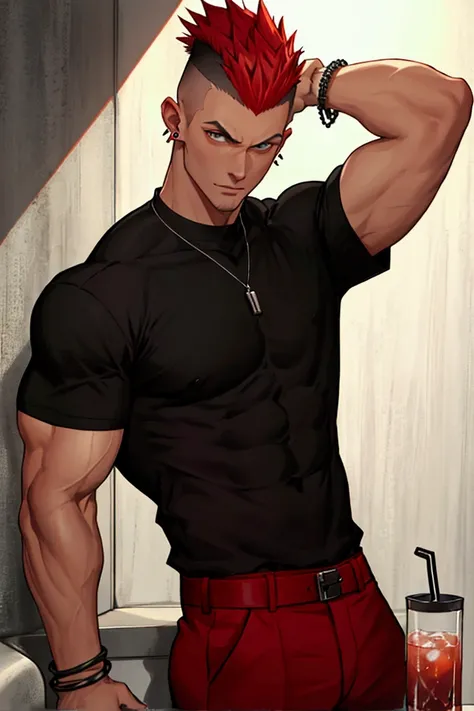 Make a handsome, tall, white-skinned man in a loose-fitting, short-sleeved black shirt that highlights his biceps,with short red hair in cute Mohawk medium length at the back and pierced ears, The guy who has a drink in his hand and bracelets on his arms 