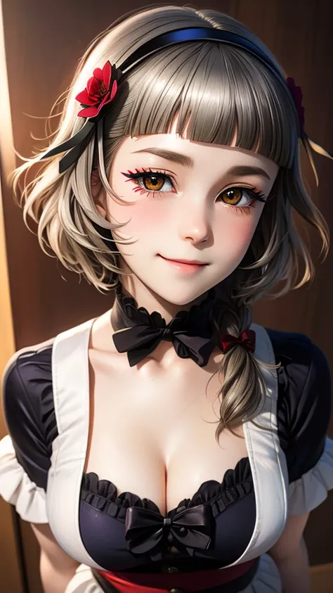 (((solo))), 1 woman, Sakuya Kurobane, sakuyaunif, kurobane_sakuya, (brown eyes), short hair, grey hair, black hairband, blue hair flower, red eyeliner, chest, blush, smile, (upper body), santa claus