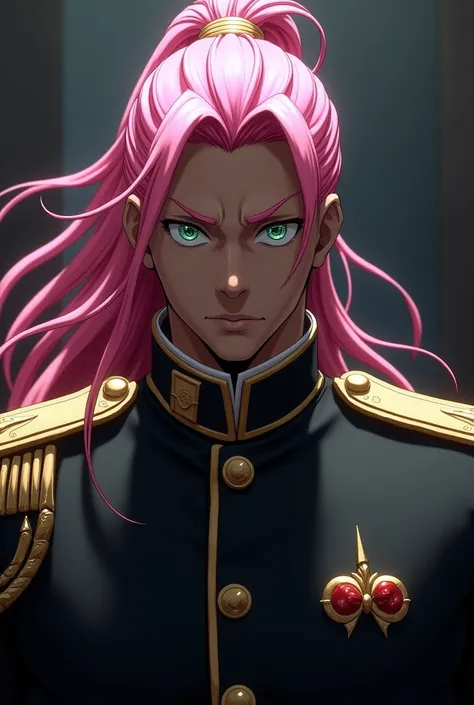 (photorealism:1.2) anime man, crown prince, pink ponytail, dark brown skin, green eyes, black military uniform, evil