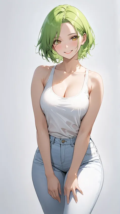 full body display ,semi realistic, Masterpiece, Master work, perfect , 4k, 1girl, young girl, mature body, medium size breast, short hair, middle parted hair style, showing forehead, wearing headband, neon green colored hair, yellow eyes, happy expression ...