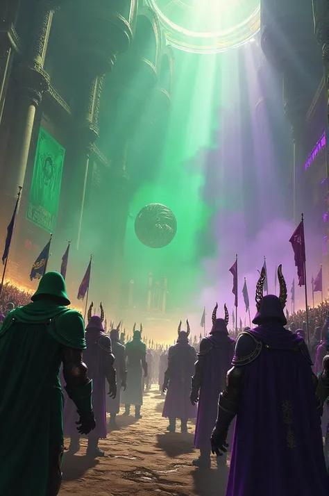 Green versus purple in a big arena 