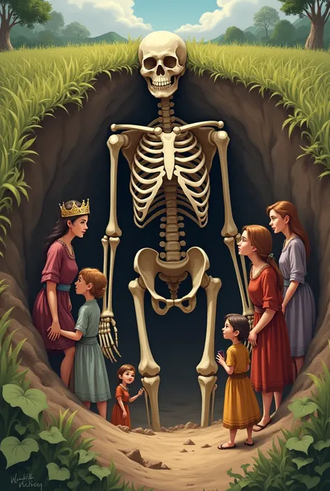 a over avrage height skeleton in the ground  and with 7 girls who discovered the skeletons and one of the girls should be the queen (put a crown on the queen head) 