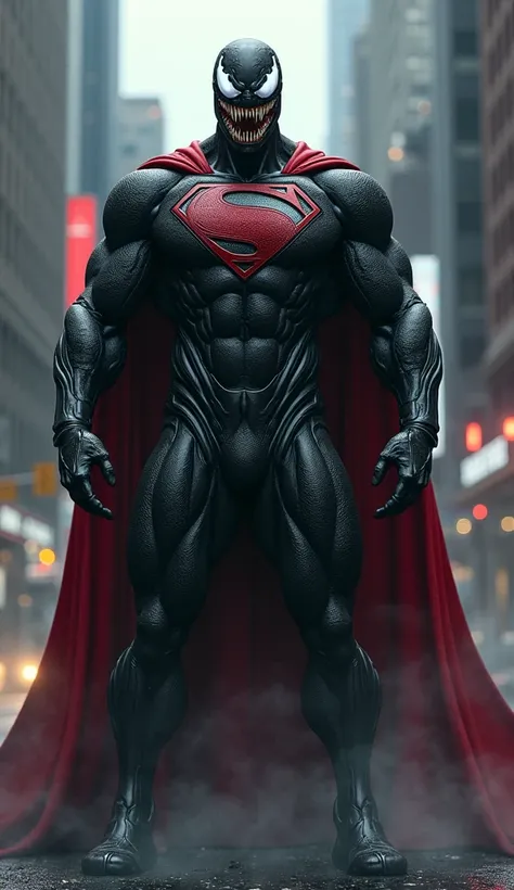 A cinematic depiction of a hybrid superhero that blends the features of Venom and Superman, set in the same twilight city street. This creature has the muscular, sinewy body of Venom, enhanced with Supermans flowing red cape and iconic "S" emblem embedded ...