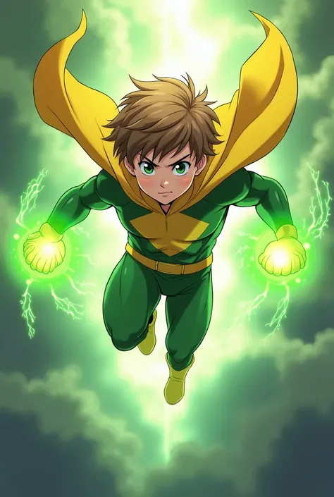 superhero, boy of s, light brown hair, flying, green orbs floating above hand, clothes yellow and green, anime style