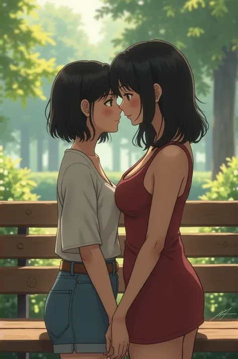 A short japanese 40-year-old female midget with short black hair and a tall indonesian woman wearing a low-cut blouse are on a romantic date on a bench at the playground. 