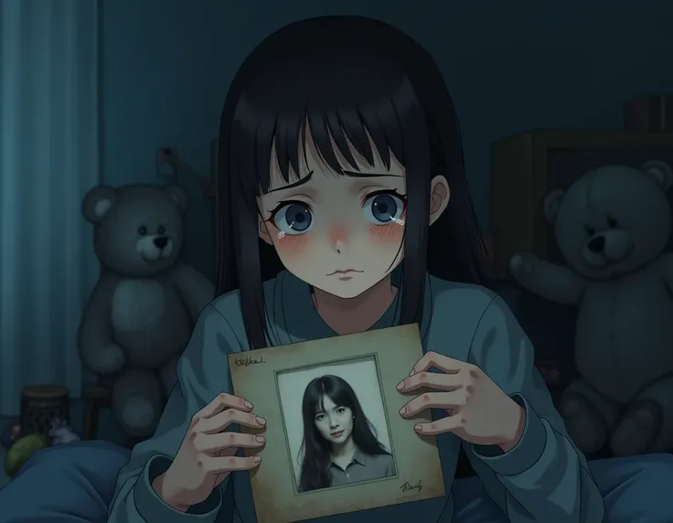  girl cries when she looks at a picture of her mother, Who died , sad, loneliness, longing