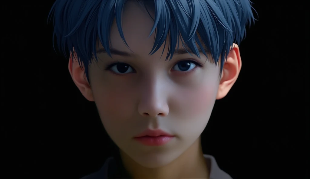 a 24 year old Korean boy, blue hair , square face, defined nose, black background, (best quality,4k,8k,highres,masterpiece:1.2),ultra-detailed,(realistic,photorealistic,photo-realistic:1.37),HDR,UHD,studio lighting,ultra-fine painting,sharp focus,physicall...