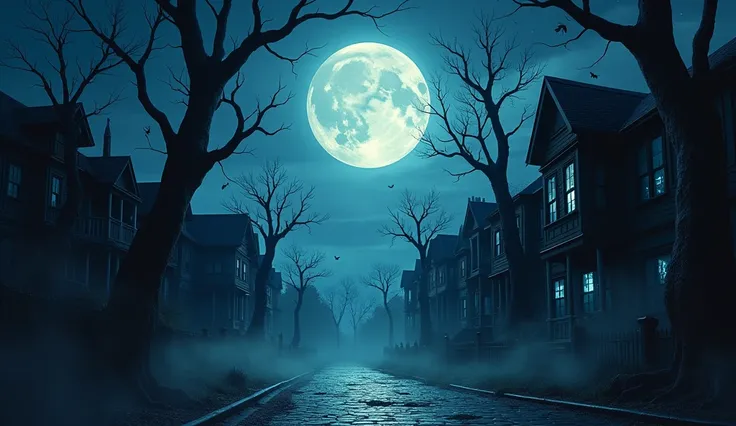 City with spooky houses on a full moon day with some trees on a spooky night with starry sky