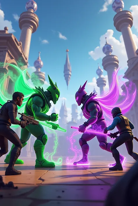 Green versus purple in a big arena. Now still in the Fortnite game with Fortnite skins