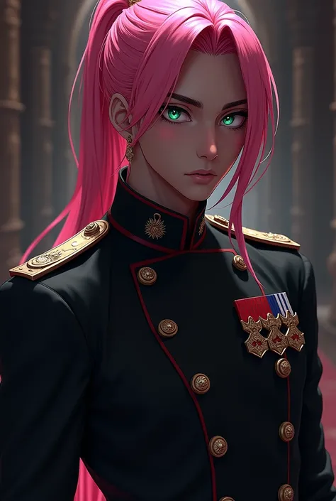 (photorealism:1.2) vampire, anime man, crown prince, pink ponytail, dark brown skin, green eyes, black military uniform