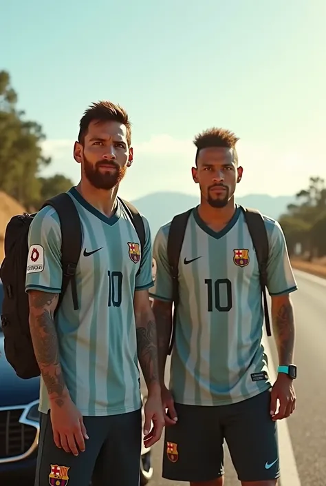 "A hyper-realistic image of two men resembling Lionel Messi and Neymar standing next to a luxurious car on the side of a highway. Both are wearing their respective football jerseys, carrying travel backpacks on their shoulders, and facing the camera with c...