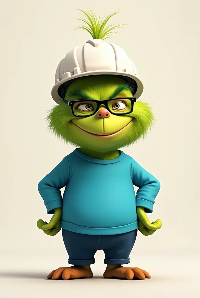   Make me the Grinch but slightly chubby with glasses, blue shirt, dark blue pants and Also have a white safety helmet that is cute 