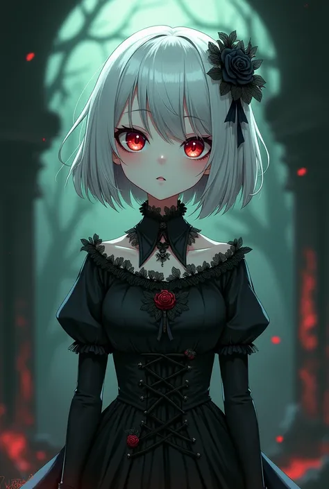 vampire Loli gothic_dress choppy_bob_hair white_hair ashen_skin red_green_eyes looking_at_viewer anime_style