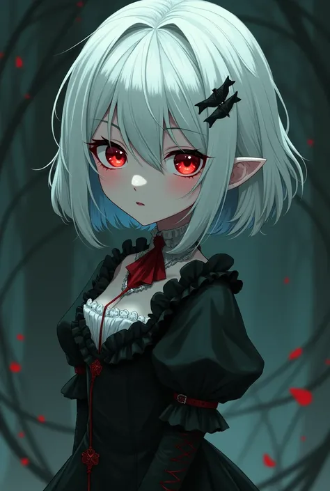 vampire Loli gothic_dress choppy_bob_hair white_hair ashen_skin red_green_eyes looking_at_viewer anime_style