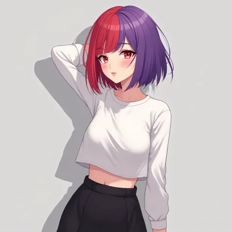 Beautiful  anime girl with short red hair on the left and purple on the right wearing a white crop top and black mini skirt