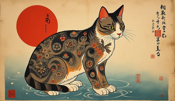 Ukiyo-e painting ancient japanese art, tribal tattooed cat, aged, kazuaki horitimo style,