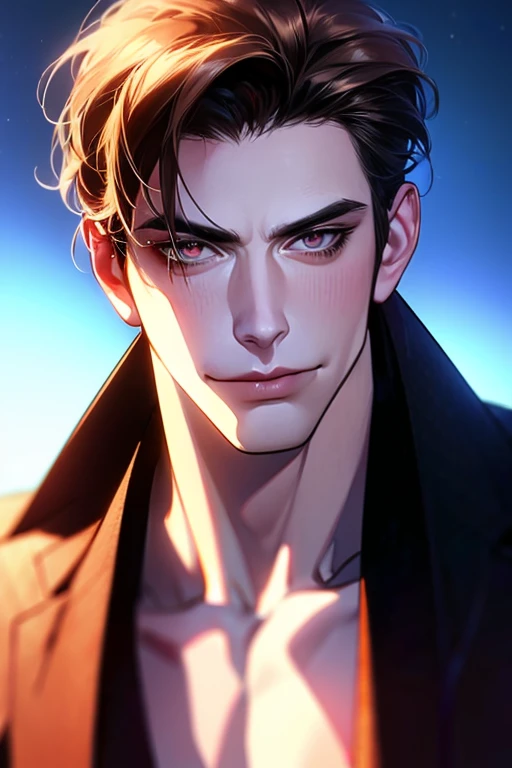 (best quality,4k,8k,highres,masterpiece:1.2),ultra-detailed,(realistic,photorealistic,photo-realistic:1.37),30 year old man,3 day beard,handsome anime,portraits,strong,masculine,dark hair,sharp jawline,mesmerizing eyes,perfectly styled hair,cool anime outf...