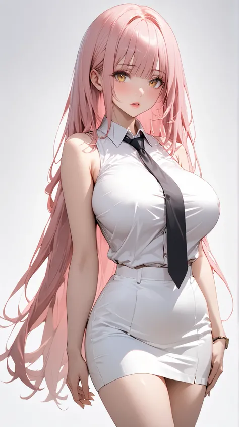 full body display, semi realistic, Masterpiece, Master work, perfect , 4k, 1woman,  mature body, big size breast, straight half body long hair, flat Bangs hair style, pink colored hair, golden eyes, flat expression face, parted lips, wearing white buttoned...