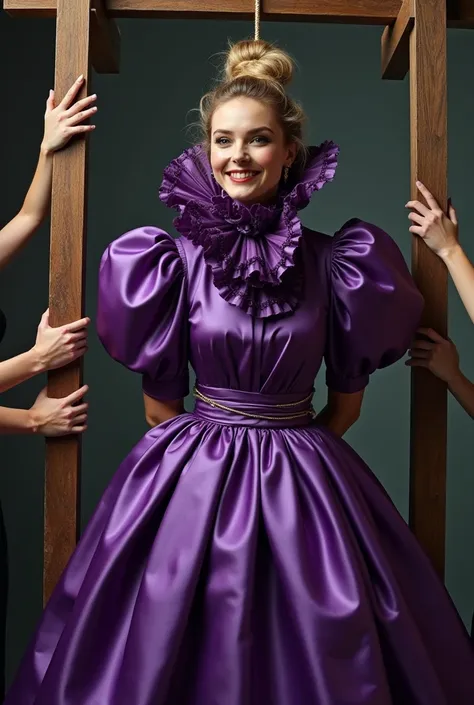 (realistic photograph close up sideways), (a pleased beautiful Caucasian lady with (messy hair bun), she is wearing (an elaborate shiny violet silk high neckline gown with (long gigantic pouf sleeves), (and with an ultra high tight stand-up collar up to he...