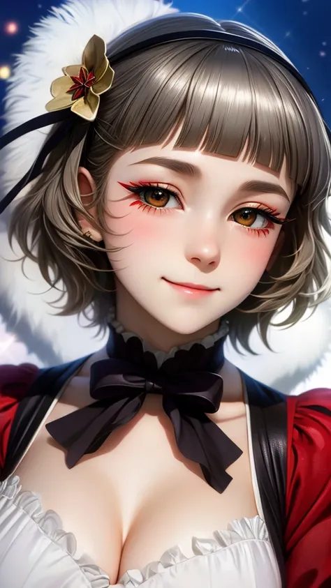 (((solo))), 1 woman, Sakuya Kurobane, sakuyaunif, kurobane_sakuya, (brown eyes), short hair, grey hair, black hairband, blue hair flower, red eyeliner, chest, blush, smile, (upper body), santa claus