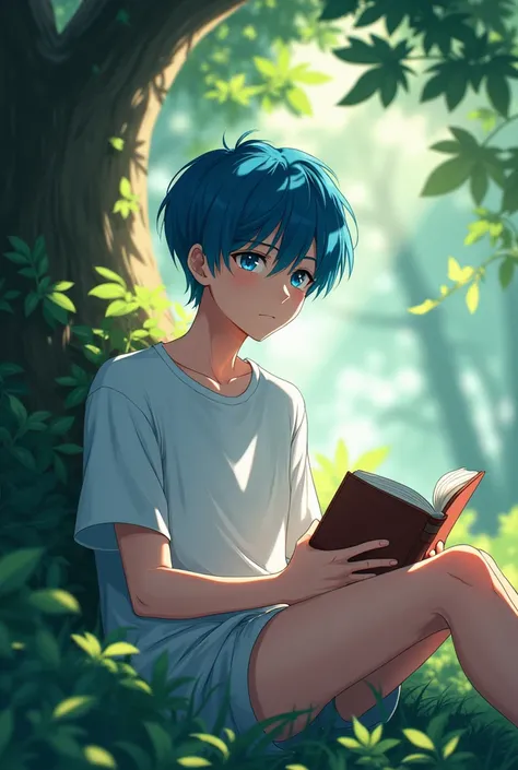 Anime: A boy 18 year old sitting under the trees, eyes look at the book he hold. Cyan and little bit of dark blue hair, blue eyes, wearing a white T-shirt, short pant.