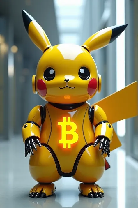 Create a realistic Pikachu robot with Bitcoin as a sign