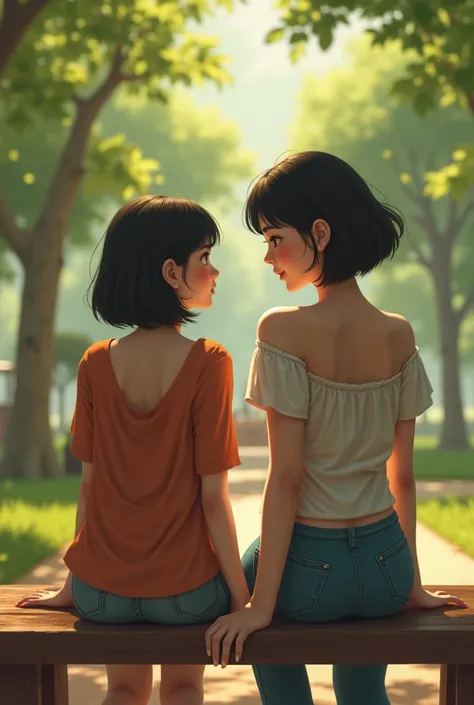 A photorealistic picture of a very short plump japanese 40-year-old female midget with short black hair and a tall indonesian woman wearing a low-cut blouse are on a romantic date on a bench at the playground. 