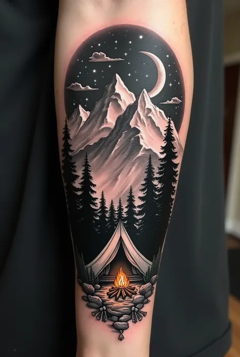  I want a dark tattoo on my front arm.  With camping theme , mountains, Estrellas la Luna etx 