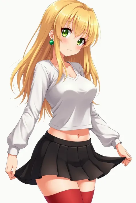 Anime  ,  flat chest, black short mini skirt ,  picks up the skirt with her fingers and shows red panties,  medium waist and buttocks and ,  golden hair and a green earring in one ear stand out