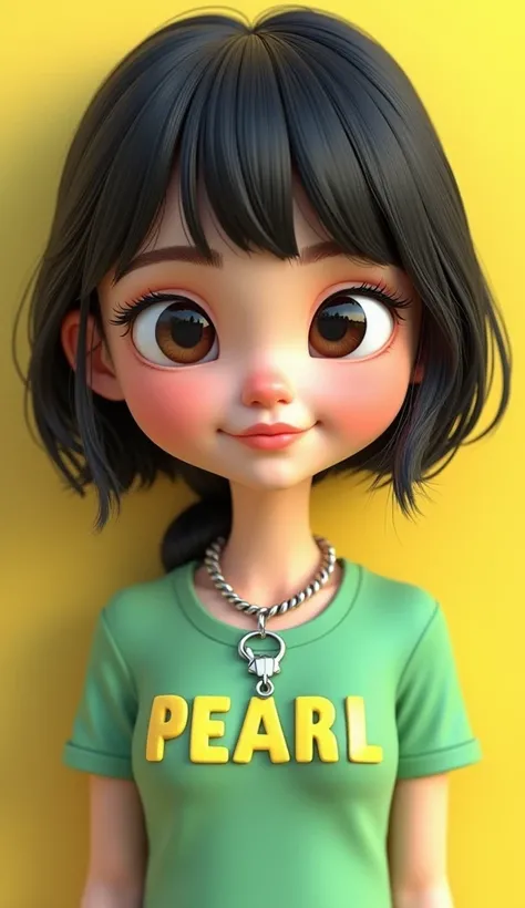 3D caricature of a girl, shirt hair with bangs, key chain. High-quality realistic photo, and there is the name "PEARL" in 3D letter style, embossed and realistic, in green yellow, indium white and black, 