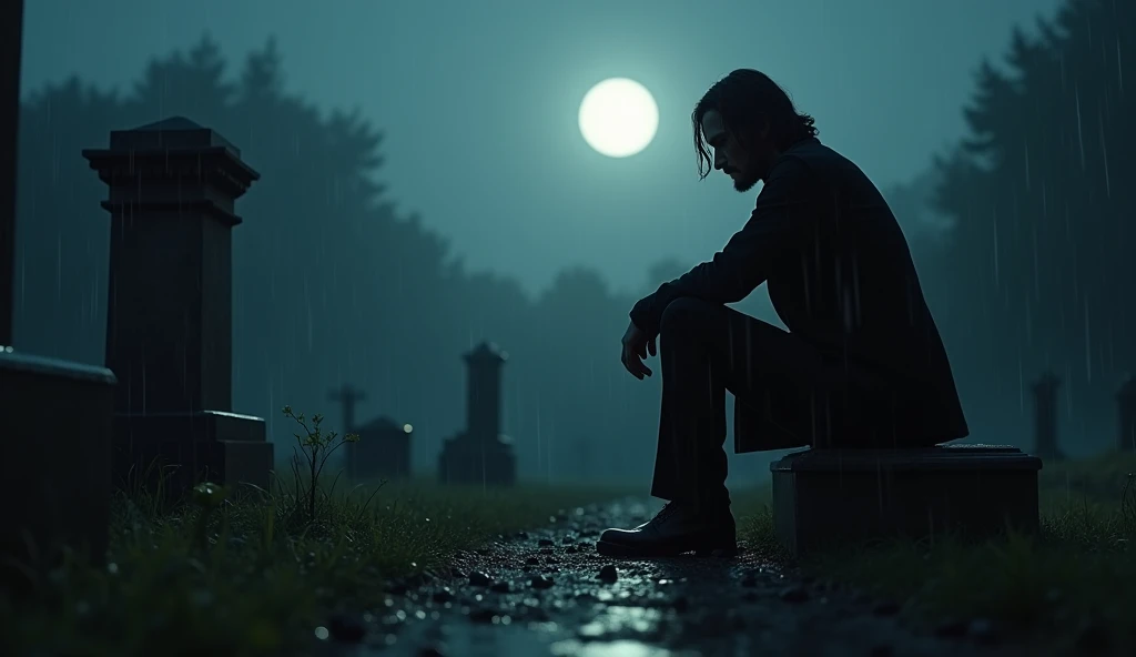 Keanu Reeves as john wick sitting on knee in the graveyard, dark moonlight falling on ground little rain drops falling. 