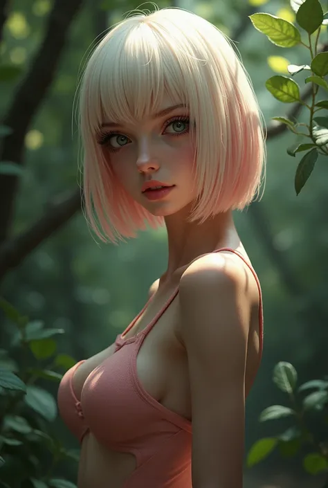 (Carnage), ((best quality)), ((masterpiece)), (detailed), small breasts, prominent collarbones, skinny arms, flat and toned stomach, visible hip bones, full body, short hair, albino and pink hair, straight hair, Realistic Shadows, Detailed skin, Very small...