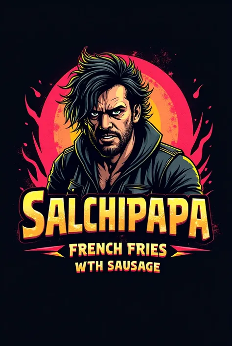  Salchipapa restaurant logo, Retro 80s rock, hard rock, Make it look more rocker, Say the name of "FRENCH FRIES WITH SAUSAGE"